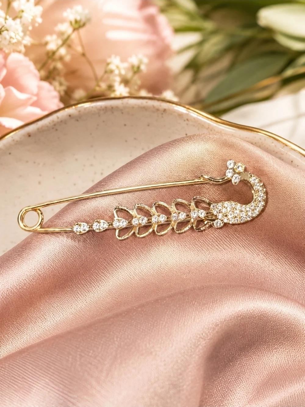 Gold Tone Rhinestone Peacock Safety Style Pin Brooch Statement Jewelry